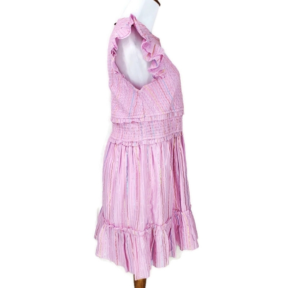 Saylor Zinnia Stripe Mini Dress Size M Smocked Pink Metallic Swiftie Dress - Picture 7 of 12